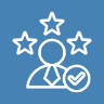 An icon of a user with three stars above and a checkmark badge.